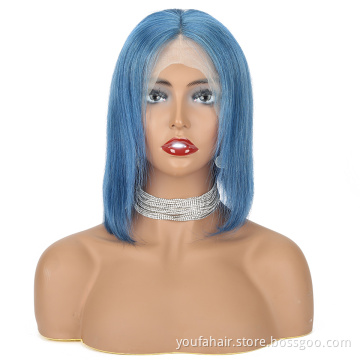 YouFa Blue Color Short Bob Wigs Human Lace Frontal Closure Bob Wigs 150%250% 300% Full Brazilian Cuticle Aligned Human Hair Wig